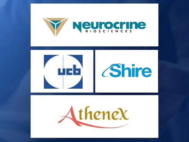 A group of logos that include neurocrine, ucb, shire and athenex.