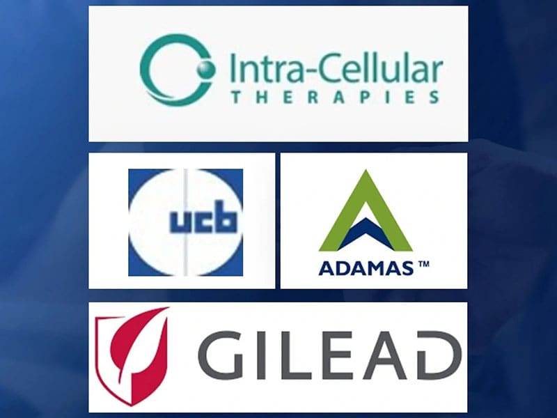 A group of logos for intra-cellular therapies, ucb, adamas and gilead.