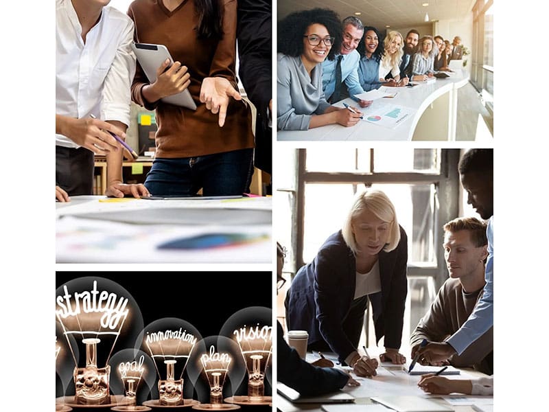 A collage of people sitting at tables with papers.